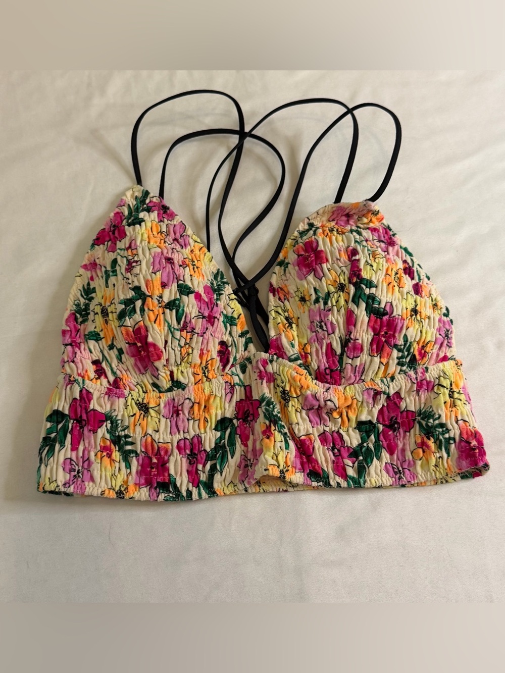 NWT PINK Victoria’s Secret Floral‎ Smocked Lace Up Back Crop Top Medium